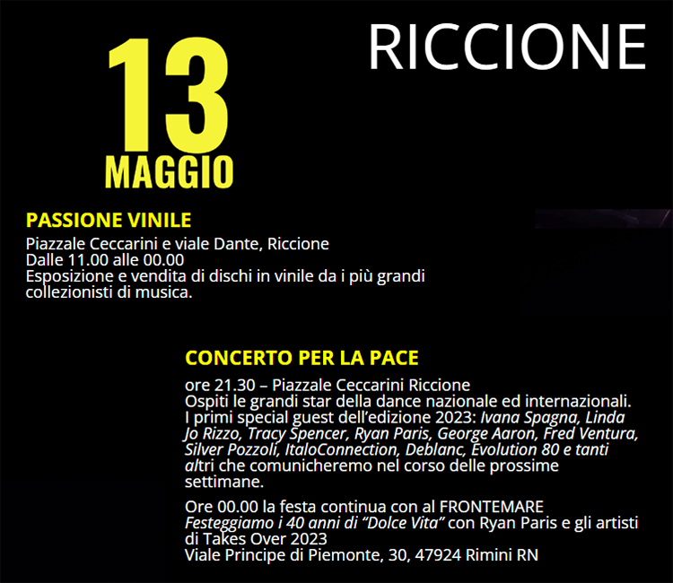 ItaloDisco Takes Over 2023 passione vinile esposizione e vendita Riccione concerto per la pace 